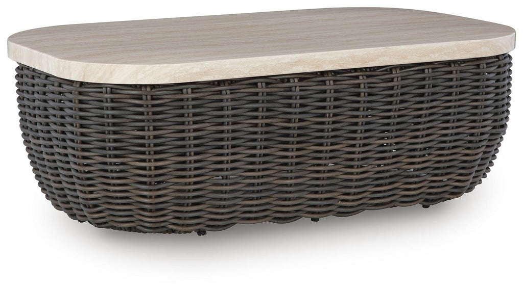 Kimora Outdoor Coffee Table in Beige/Dark Brown, angle view