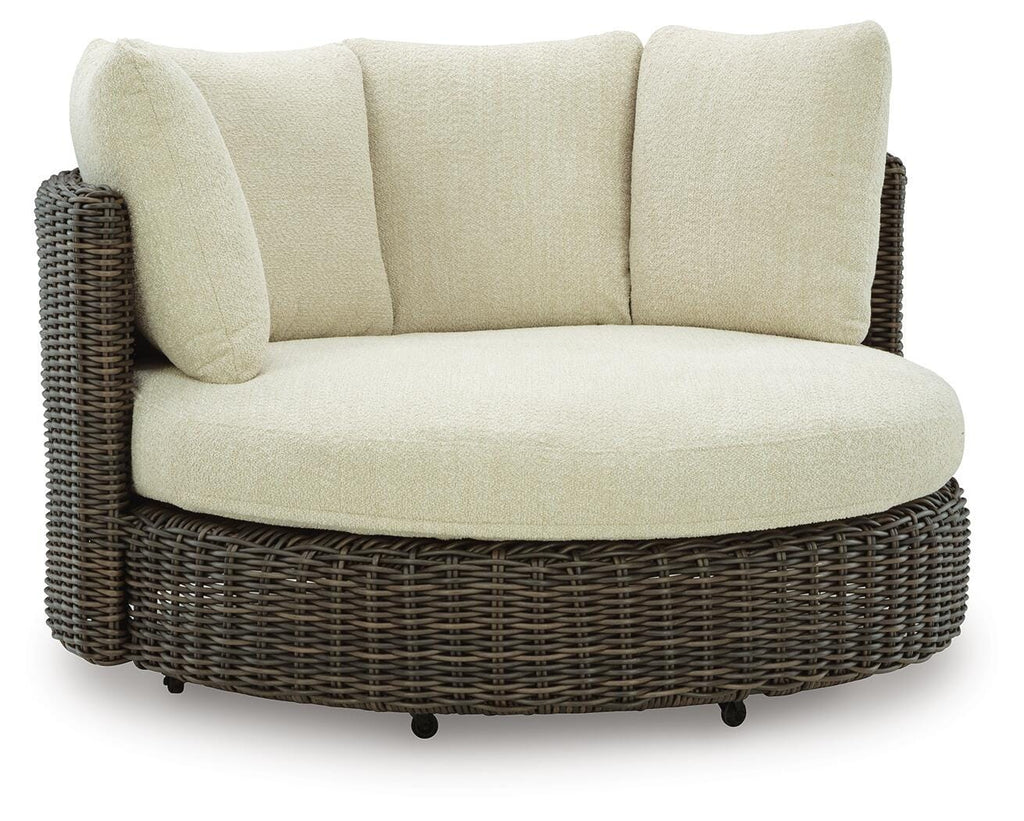 Kimora Outdoor Swivel Lounge Chair with Cushion in Beige/Dark Brown, angle view