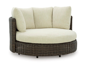 Kimora Outdoor Swivel Lounge Chair with Cushion in Beige/Dark Brown, angle view