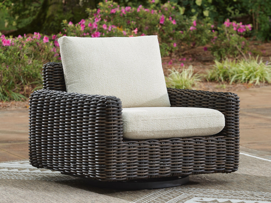 Kimora Outdoor Swivel Lounge Chair in Beige/Dark Brown, lifestyle view