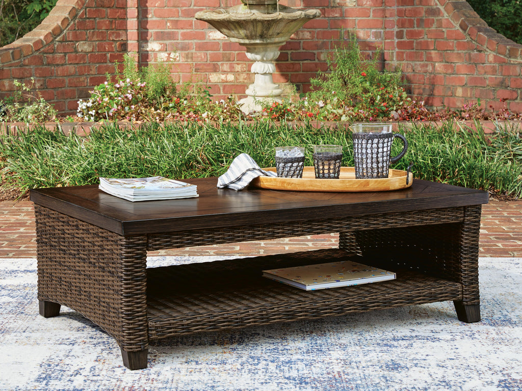Monterey Point Outdoor Coffee Table in Dark Brown, lifestyle view