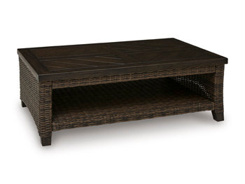 Monterey Point Outdoor Coffee Table in Dark Brown, angle view