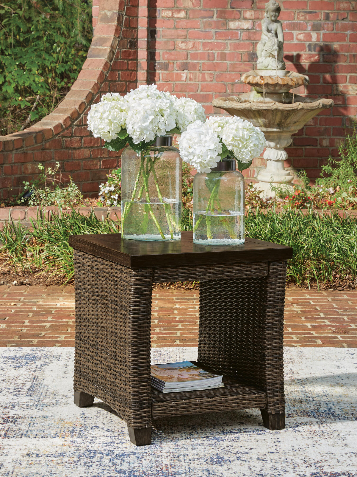 Monterey Point Outdoor End Table in Dark Brown, lifestyle view