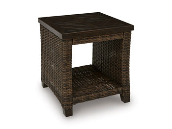 Monterey Point Outdoor End Table in Dark Brown, angle view