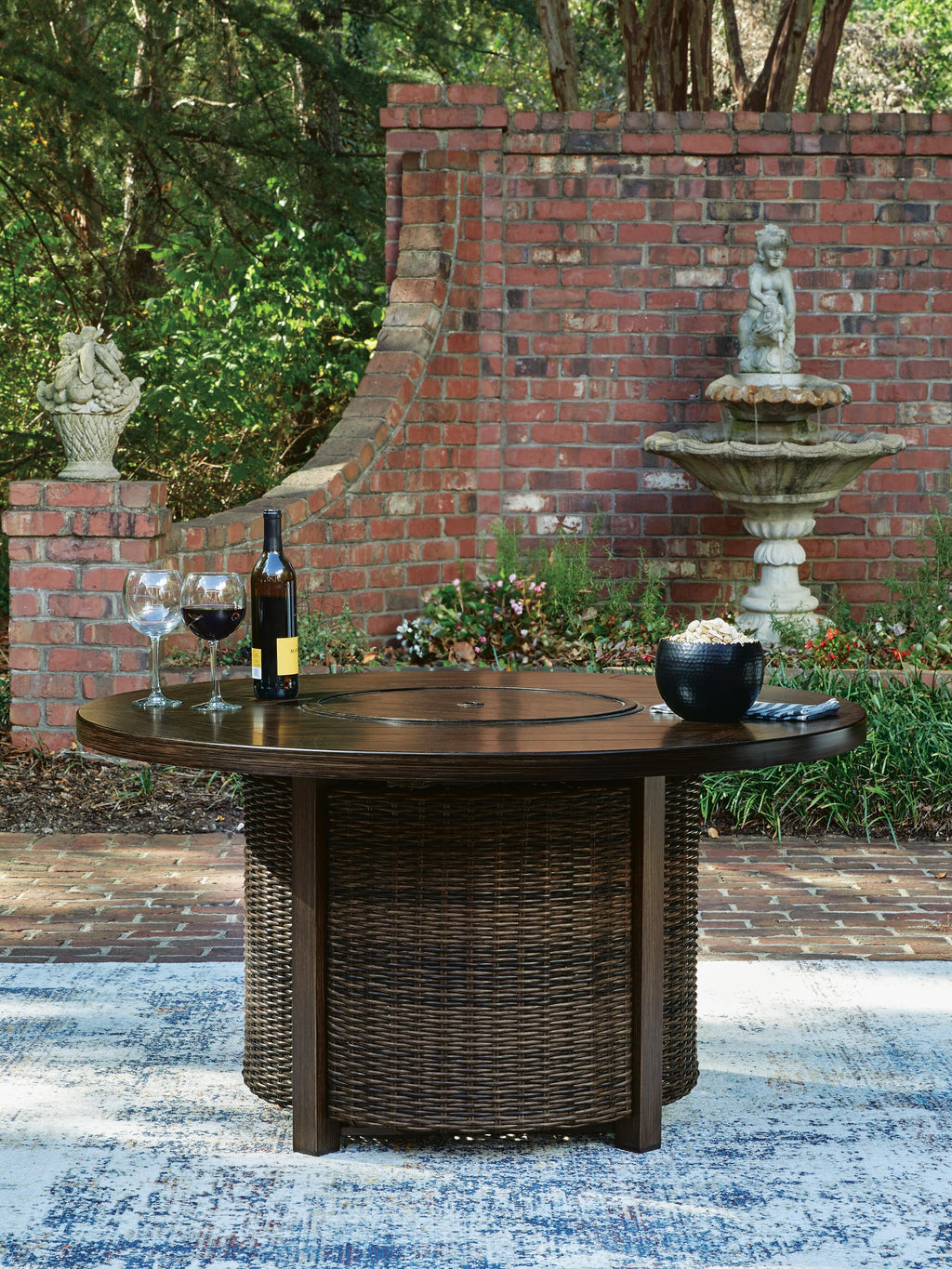 Monterey Point Outdoor Fire Pit Table in Dark Brown, closed view