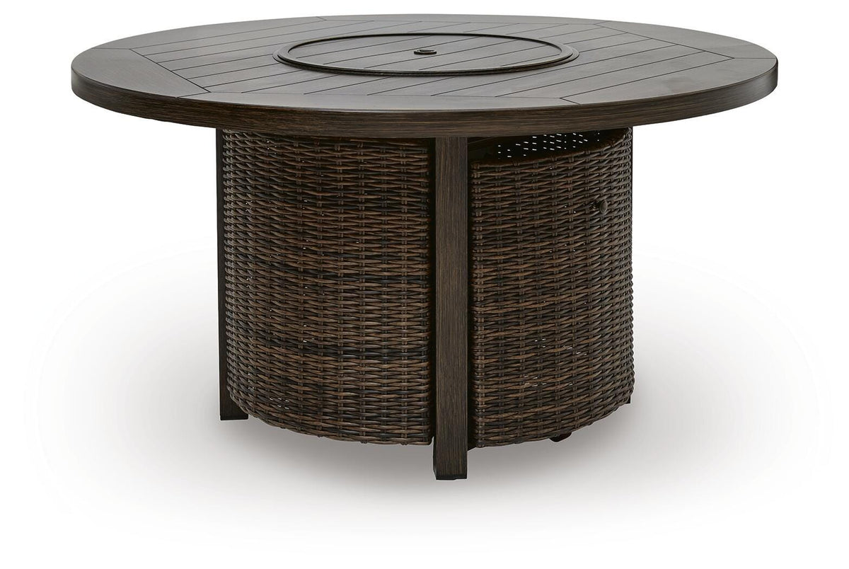 Monterey Point Outdoor Fire Pit Table in Dark Brown, closed view