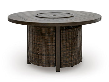 Monterey Point Outdoor Fire Pit Table in Dark Brown, closed view