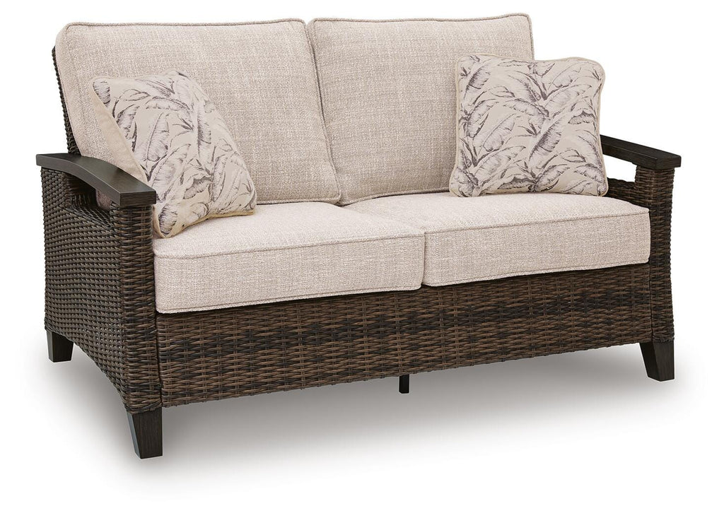 Monterey Point Outdoor Loveseat with Cushion in Dark Brown, angle view