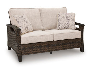 Monterey Point Outdoor Loveseat with Cushion in Dark Brown, angle view