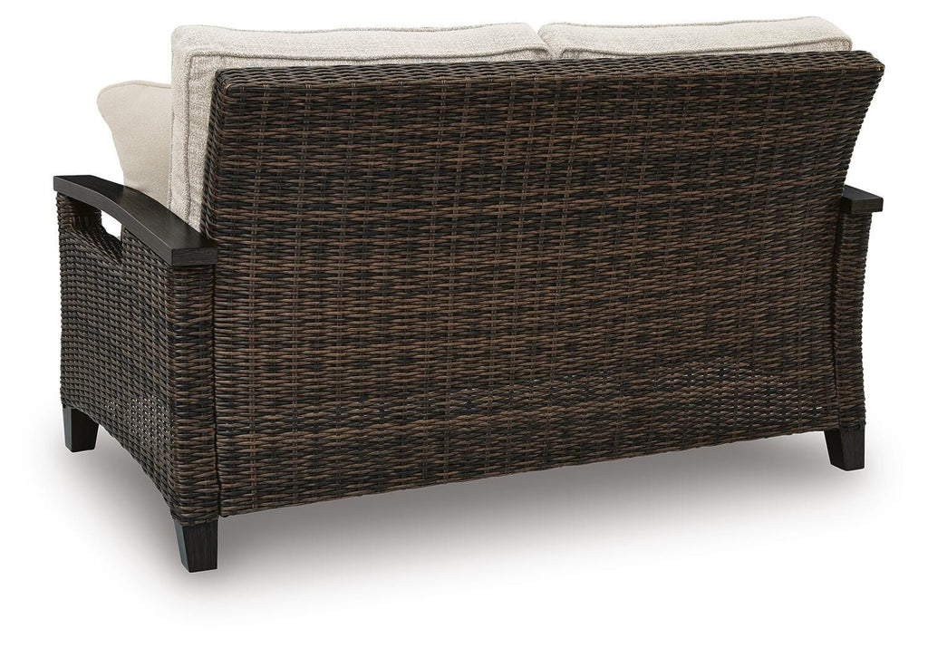 Monterey Point Outdoor Loveseat with Cushion in Dark Brown, back view