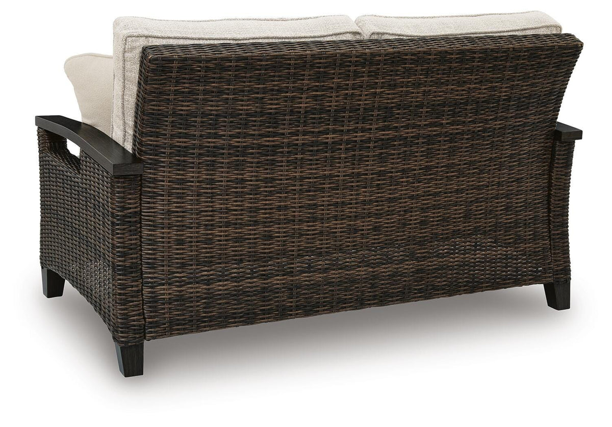 Monterey Point Outdoor Loveseat with Cushion in Dark Brown, back view