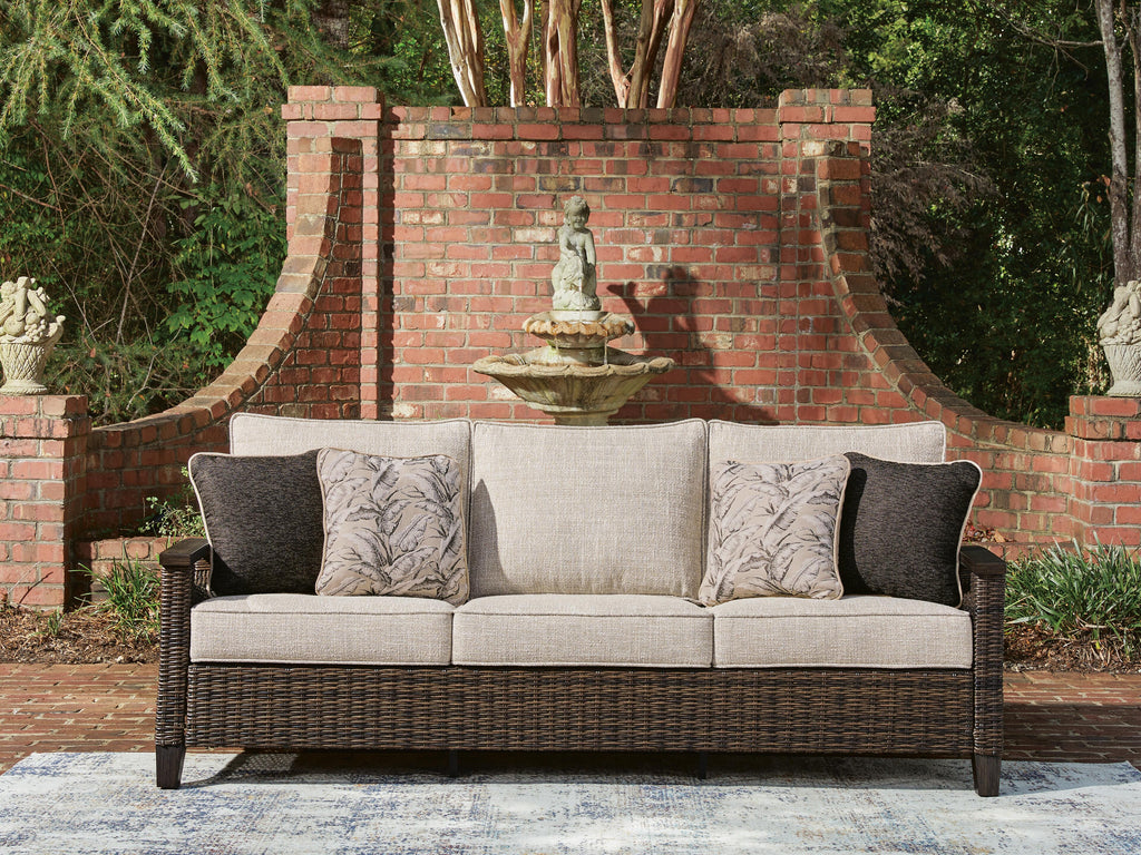 Monterey Point Outdoor Sofa with Cushion in Dark Brown, lifestyle view