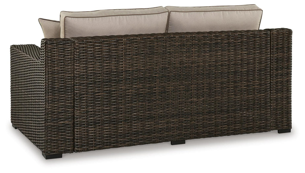 Coastline Bay Outdoor Loveseat with Cushion in Brown, back view