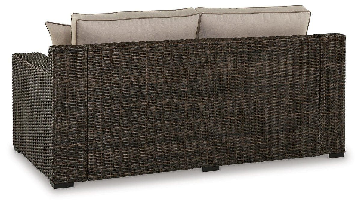 Coastline Bay Outdoor Loveseat with Cushion in Brown, back view