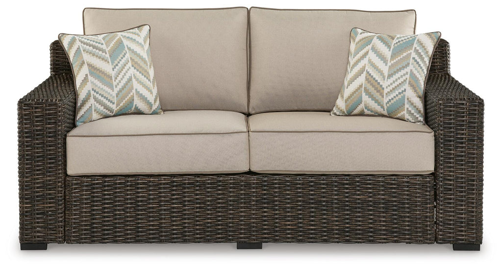 Coastline Bay Outdoor Loveseat with Cushion in Brown, front view