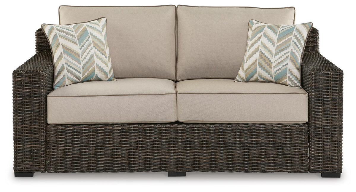 Coastline Bay Outdoor Loveseat with Cushion in Brown, front view