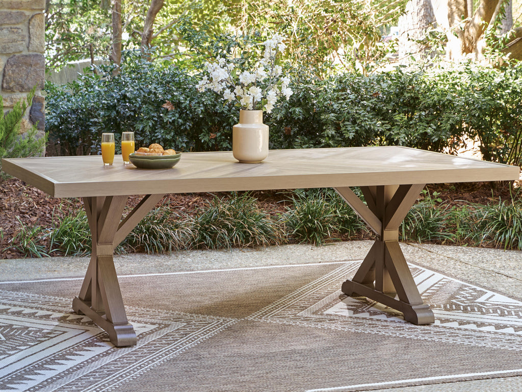 Laguna Heights Outdoor Dining Table in Beige, lifestyle view