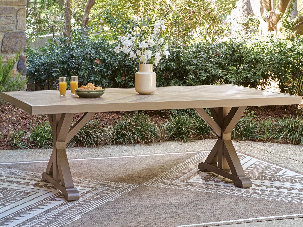 Laguna Heights Outdoor Dining Table in Beige, lifestyle view