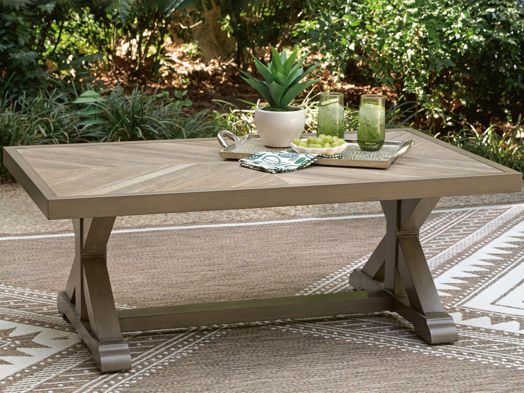 Laguna Heights Outdoor Coffee Table in Beige, lifestyle view