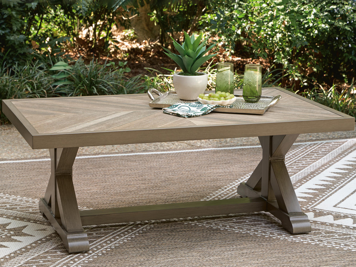 Laguna Heights Outdoor Coffee Table in Beige, lifestyle view