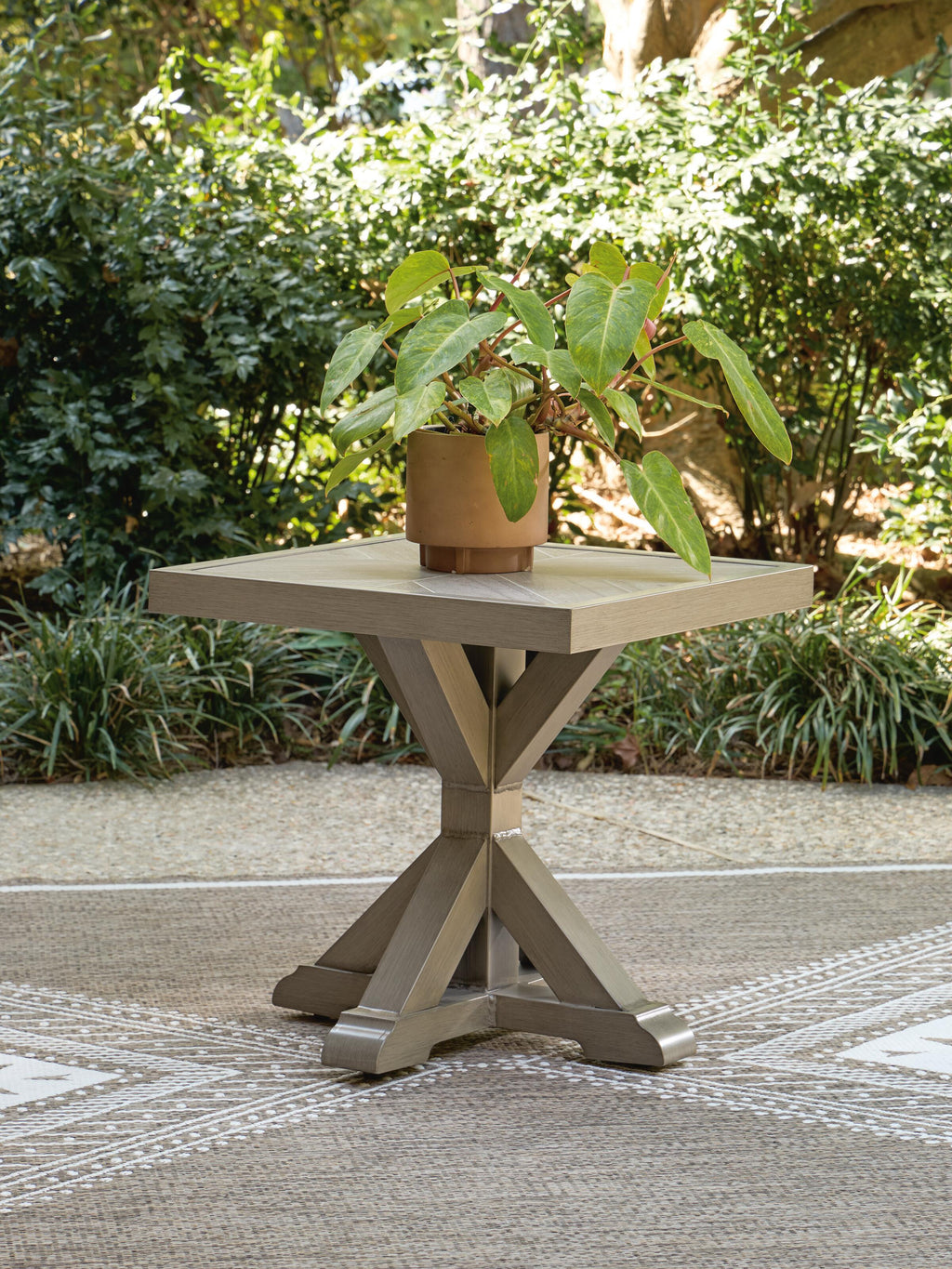 Laguna Heights Outdoor End Table in Beige, lifestyle view