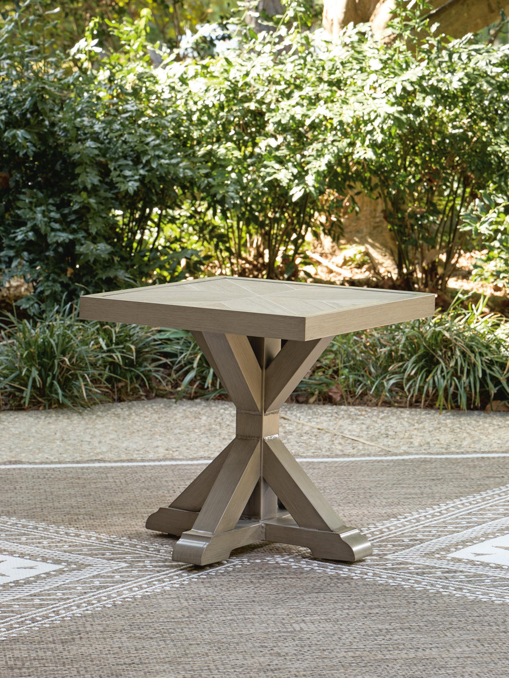 Laguna Heights Outdoor End Table in Beige, lifestyle view