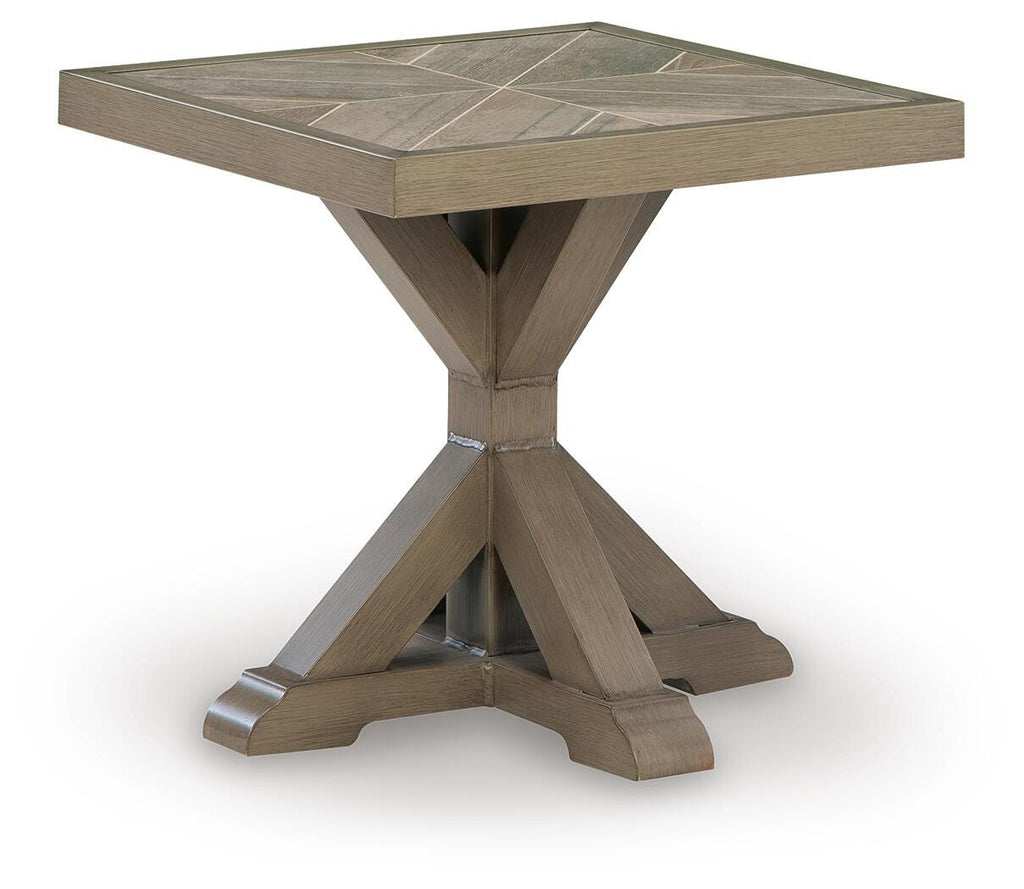 Laguna Heights Outdoor End Table in Beige, angle view