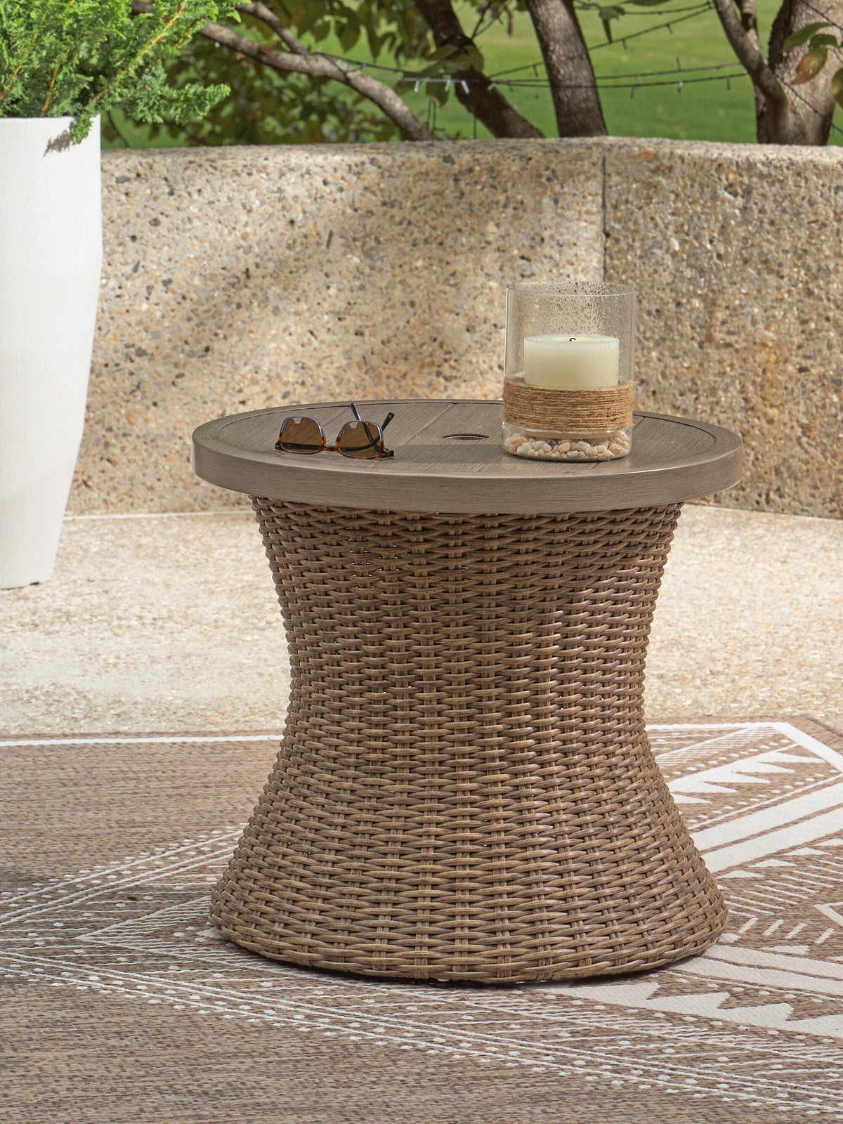 Laguna Heights Outdoor End Table in Beige, lifestyle view