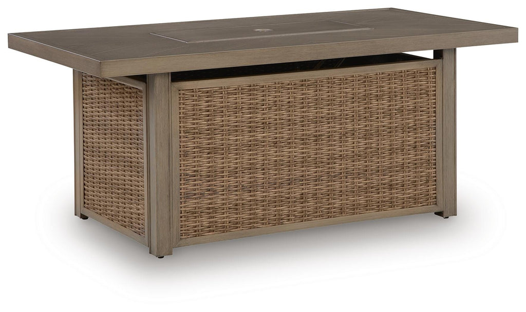 Laguna Heights Outdoor Fire Pit Table in Beige, closed view