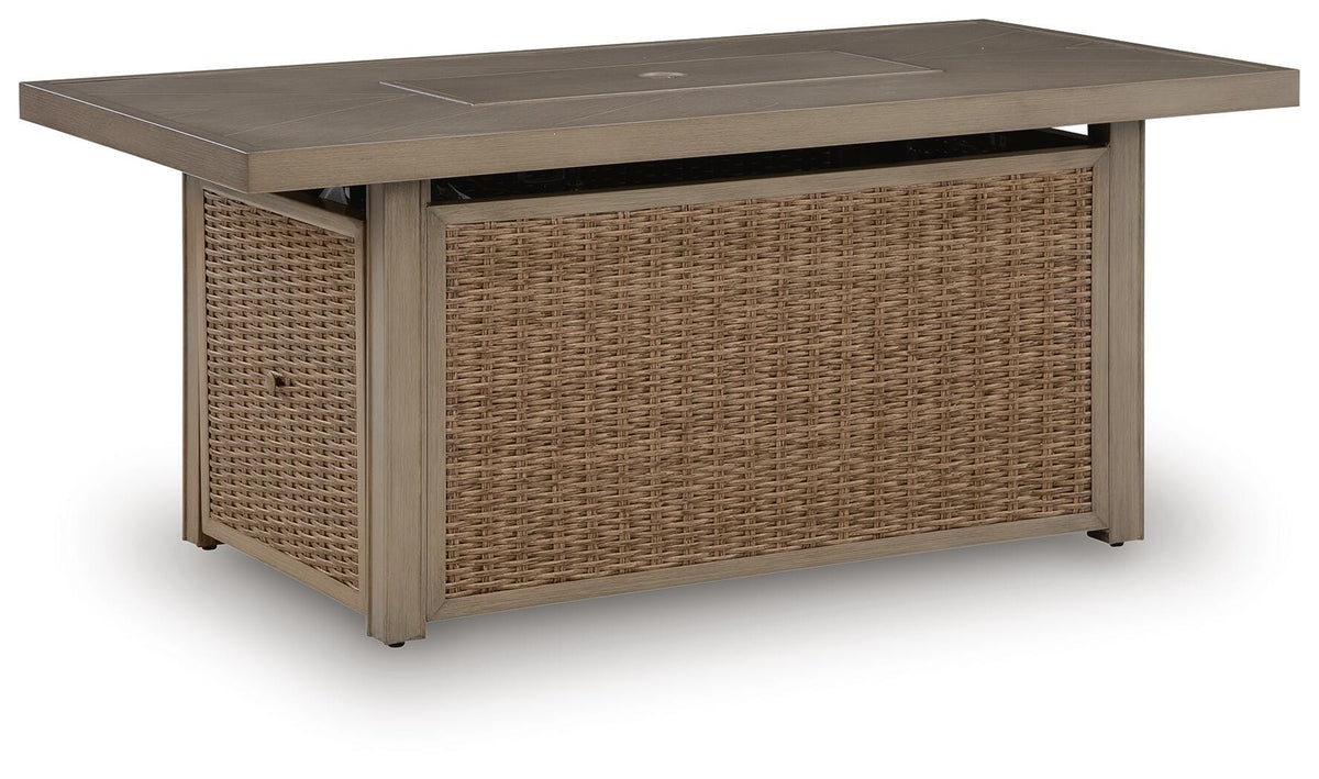 Laguna Heights Outdoor Fire Pit Table in Beige, back view