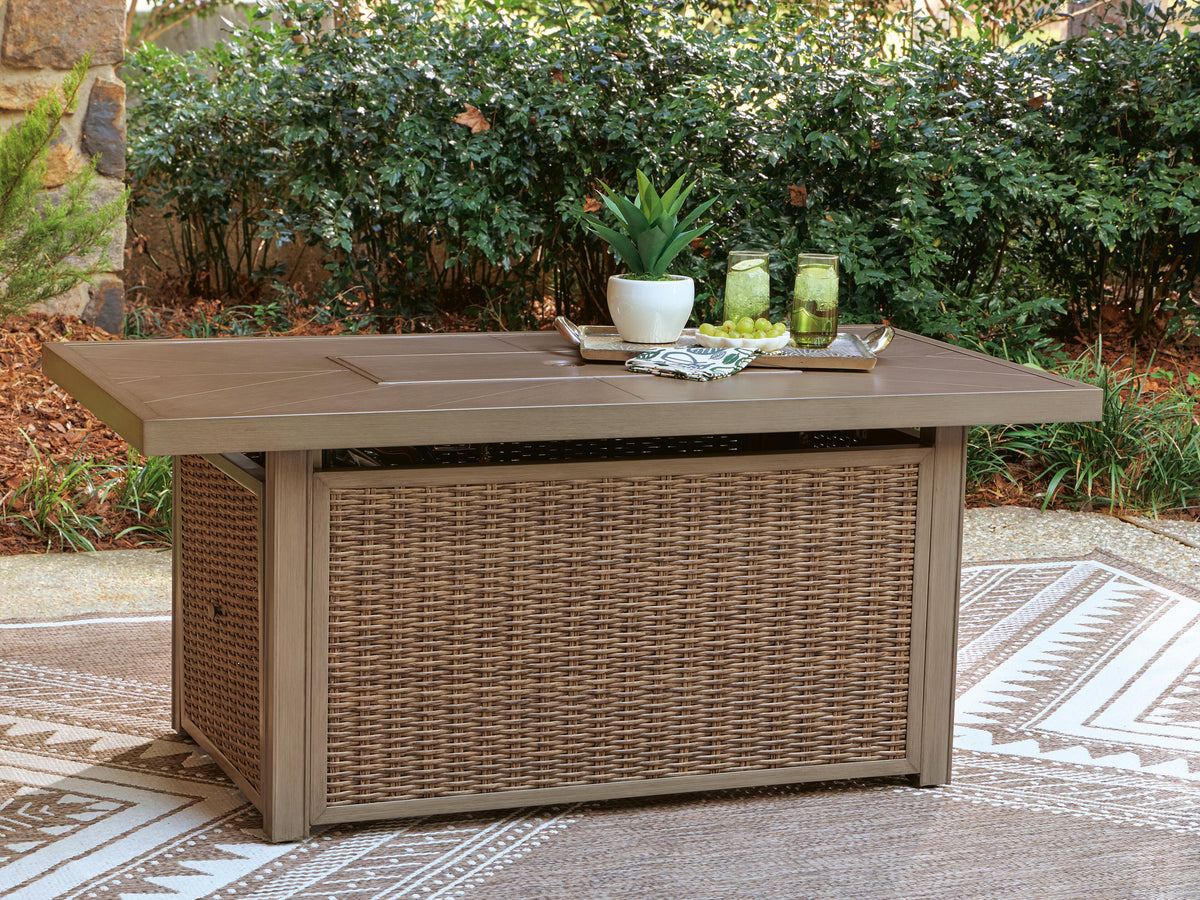 Laguna Heights Outdoor Fire Pit Table in Beige, closed view