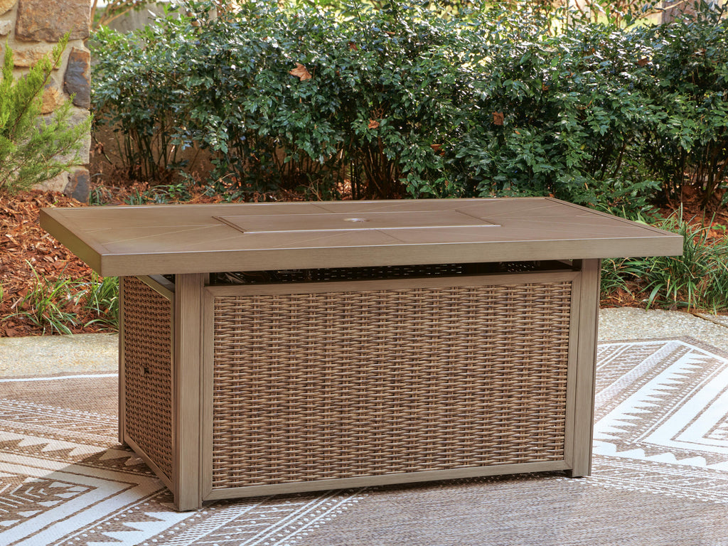Laguna Heights Outdoor Fire Pit Table in Beige, closed view
