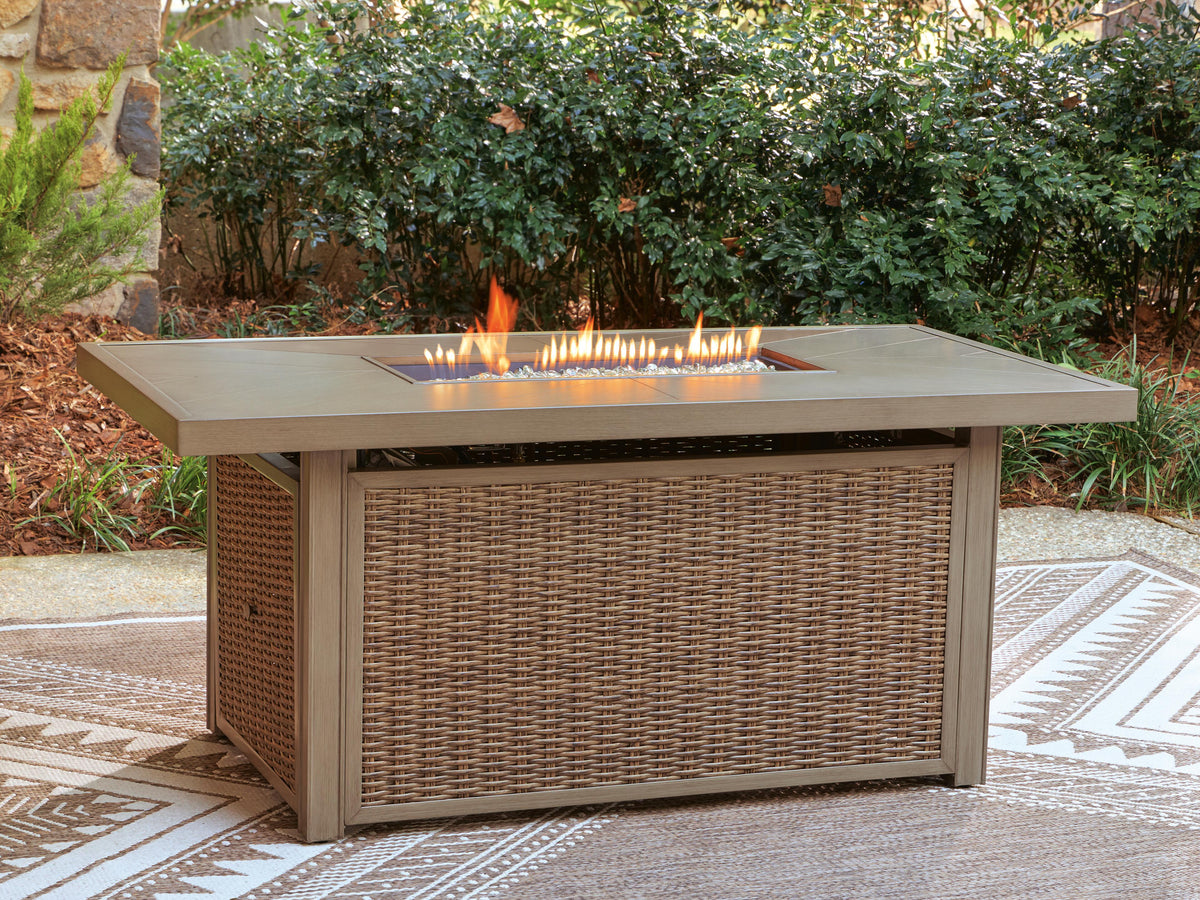 Laguna Heights Outdoor Fire Pit Table in Beige, lifestyle view