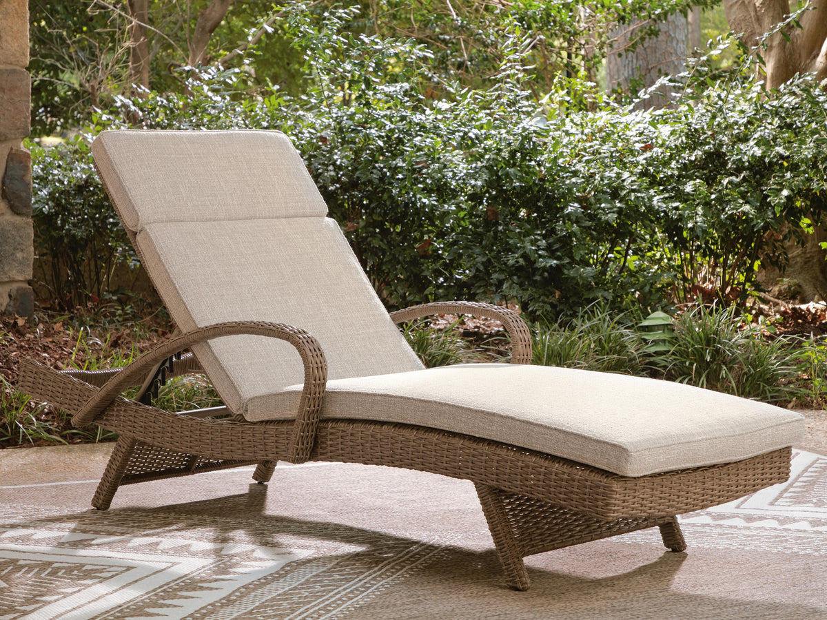 Laguna Heights Chaise Lounge with Cushion in Beige, lifestyle view