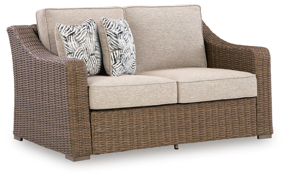 Laguna Heights Outdoor Loveseat with Cushion in Beige, angle view