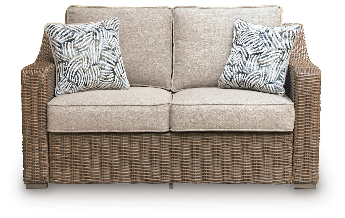 Laguna Heights Outdoor Loveseat with Cushion in Beige, front view
