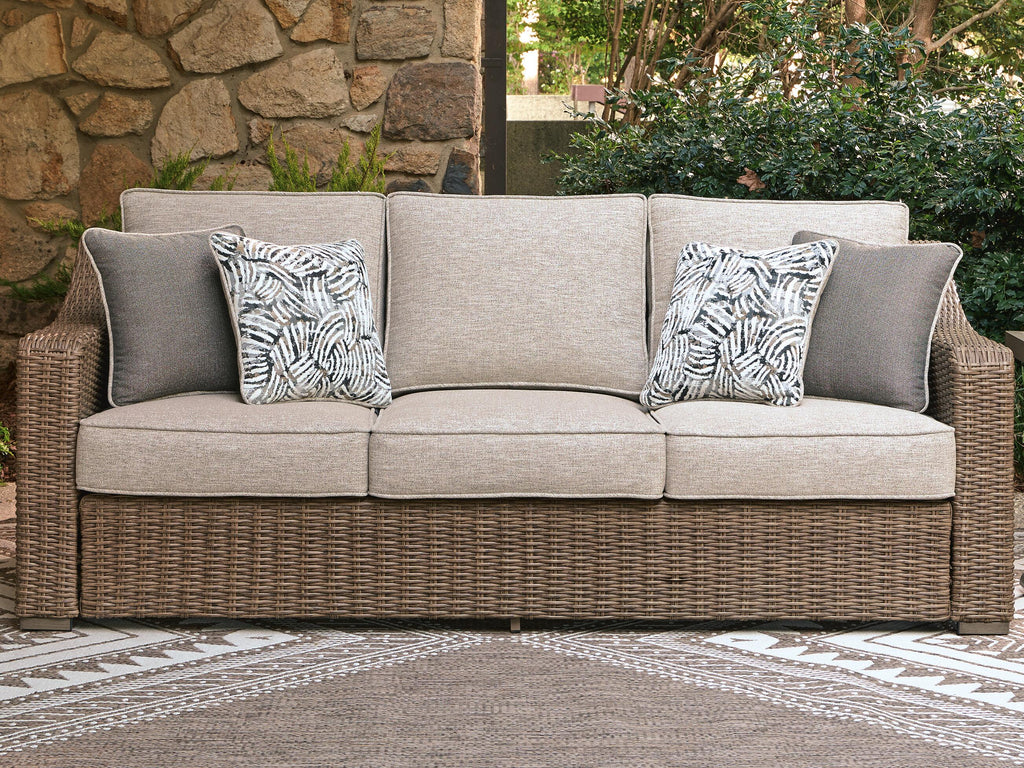 Laguna Heights Outdoor Sofa with Cushion in Beige, lifestyle view