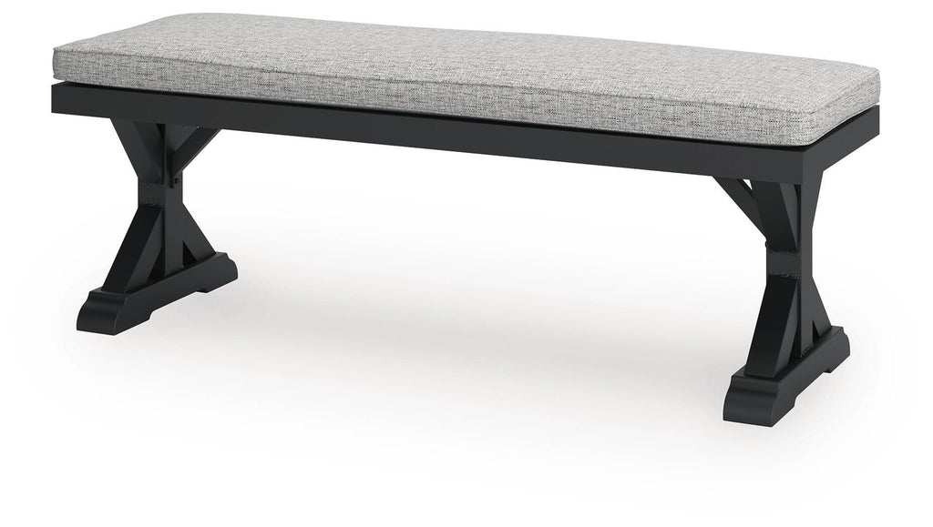 Beachcroft Outdoor Bench with Cushion in Black/Light Gray, angle view