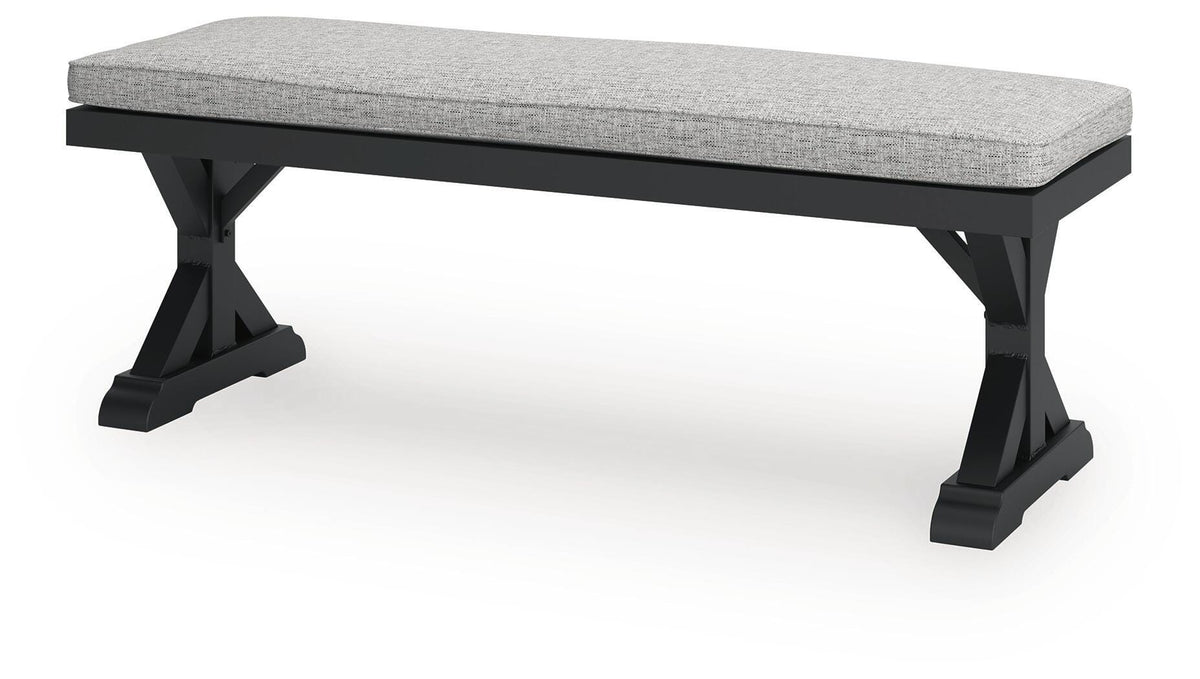 Beachcroft Outdoor Bench with Cushion in Black/Light Gray, angle view