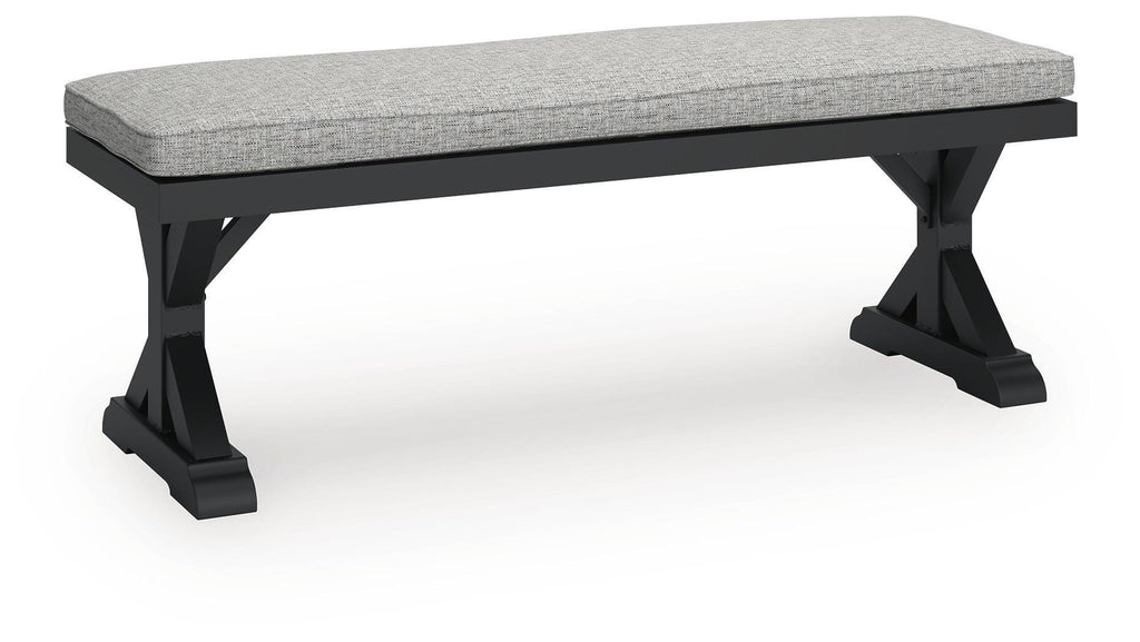 Beachcroft Outdoor Bench with Cushion in Black/Light Gray, angle view