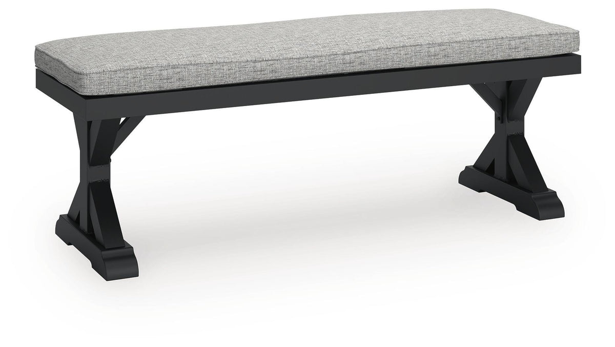 Beachcroft Outdoor Bench with Cushion in Black/Light Gray, angle view