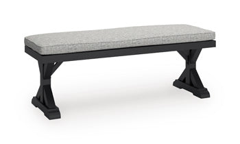 Beachcroft Outdoor Bench with Cushion in Black/Light Gray, angle view