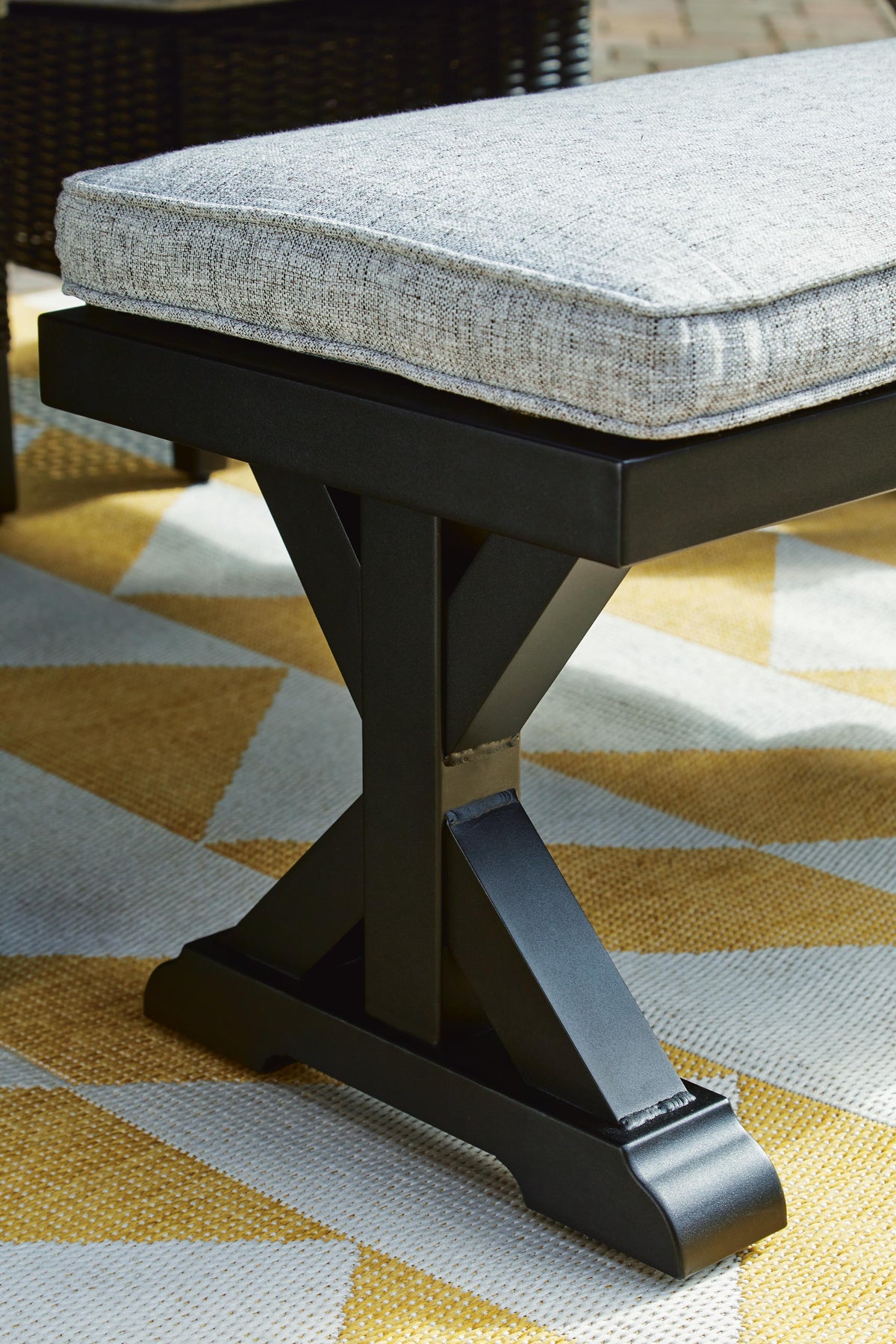 Beachcroft Outdoor Bench with Cushion in Black/Light Gray, detail view