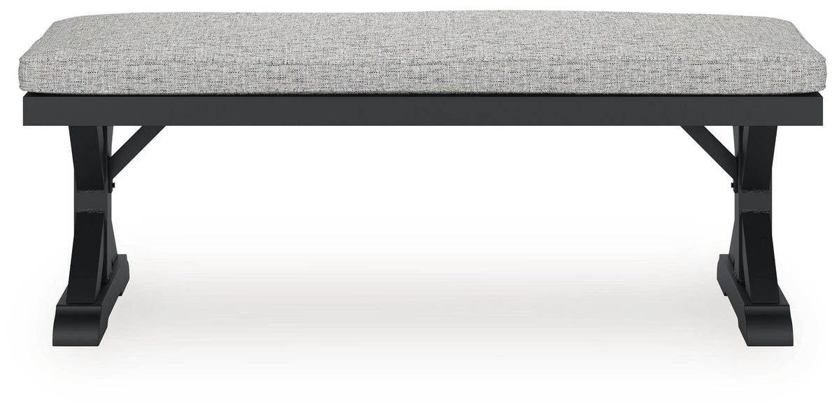 Beachcroft Outdoor Bench with Cushion in Black/Light Gray, front view