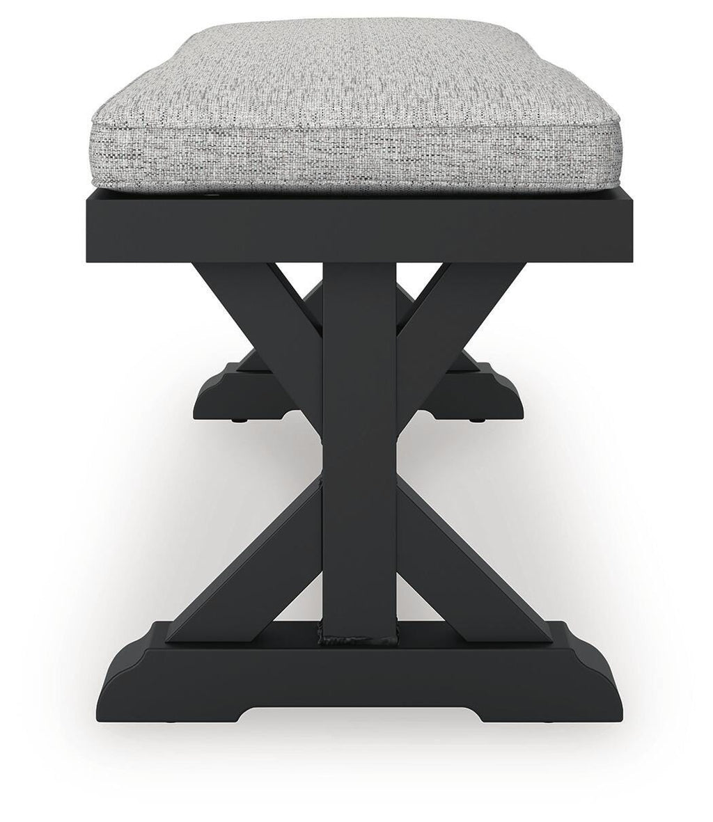 Beachcroft Outdoor Bench with Cushion in Black/Light Gray, alternate side view