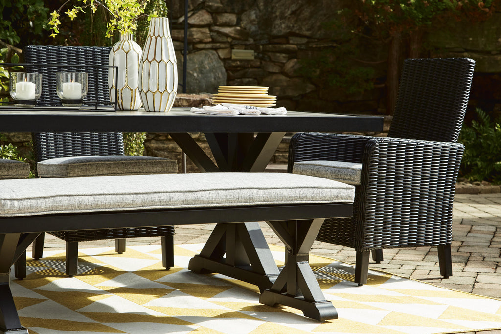Beachcroft Outdoor Dining Table in Black/Light Gray, lifestyle view