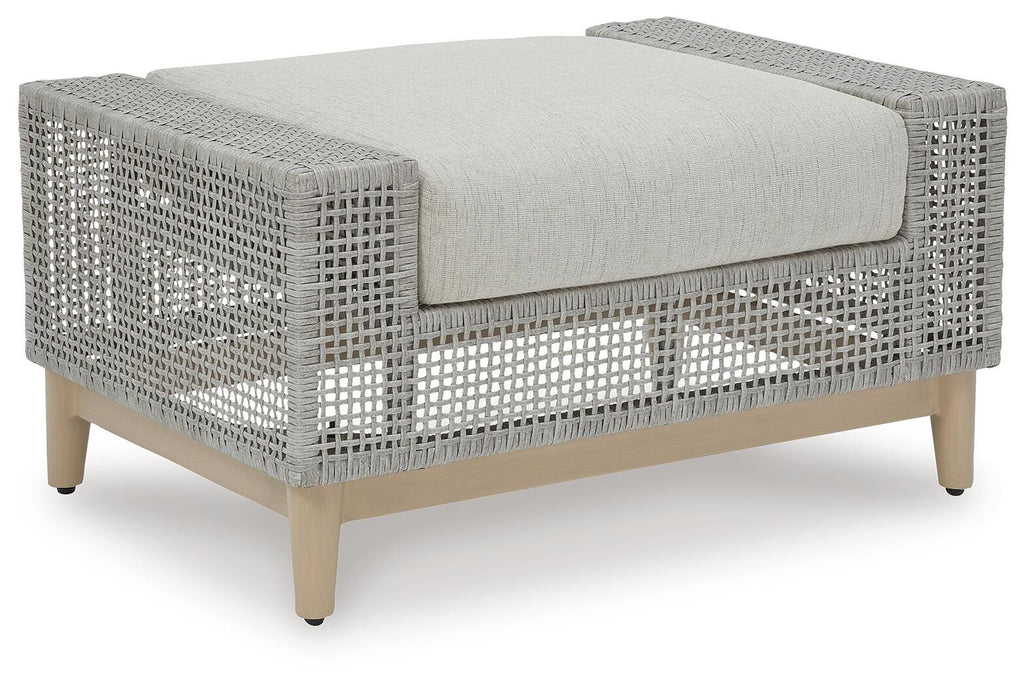 Seton Creek Outdoor Ottoman with Cushion in Gray, angle view