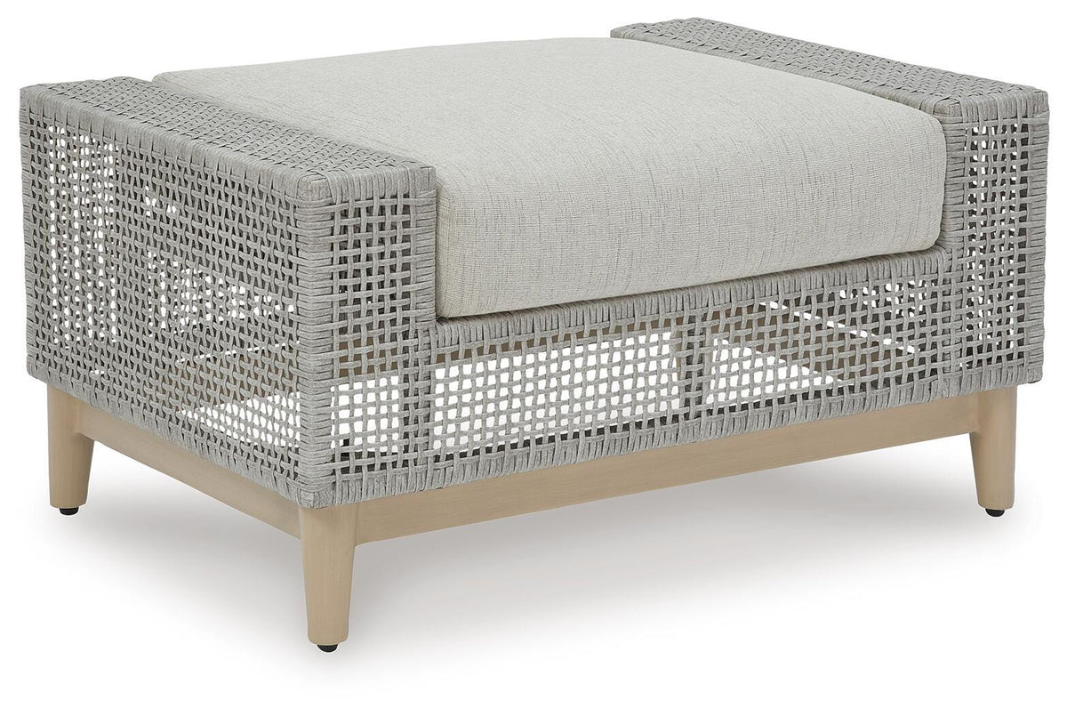 Seton Creek Outdoor Ottoman with Cushion in Gray, angle view