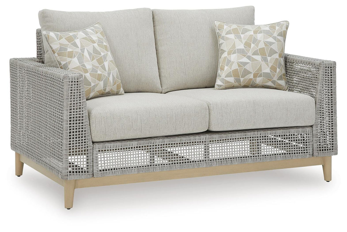 Seton Creek Outdoor Loveseat with Cushion in Gray, angle view