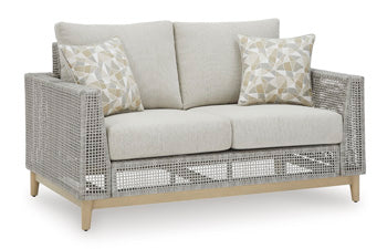 Seton Creek Outdoor Loveseat with Cushion in Gray, angle view